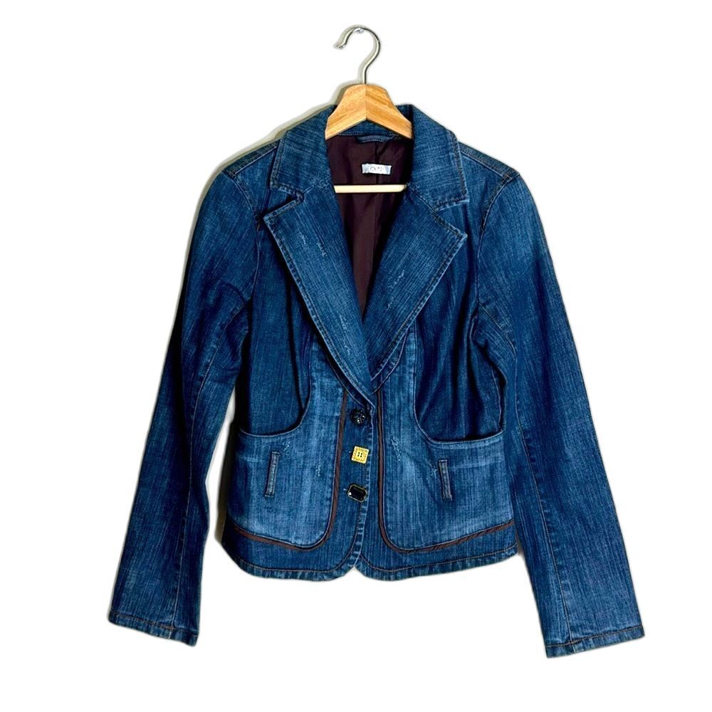 Cache Denim Blazer Women's Distressed Blue Tailored Jacket Size 12